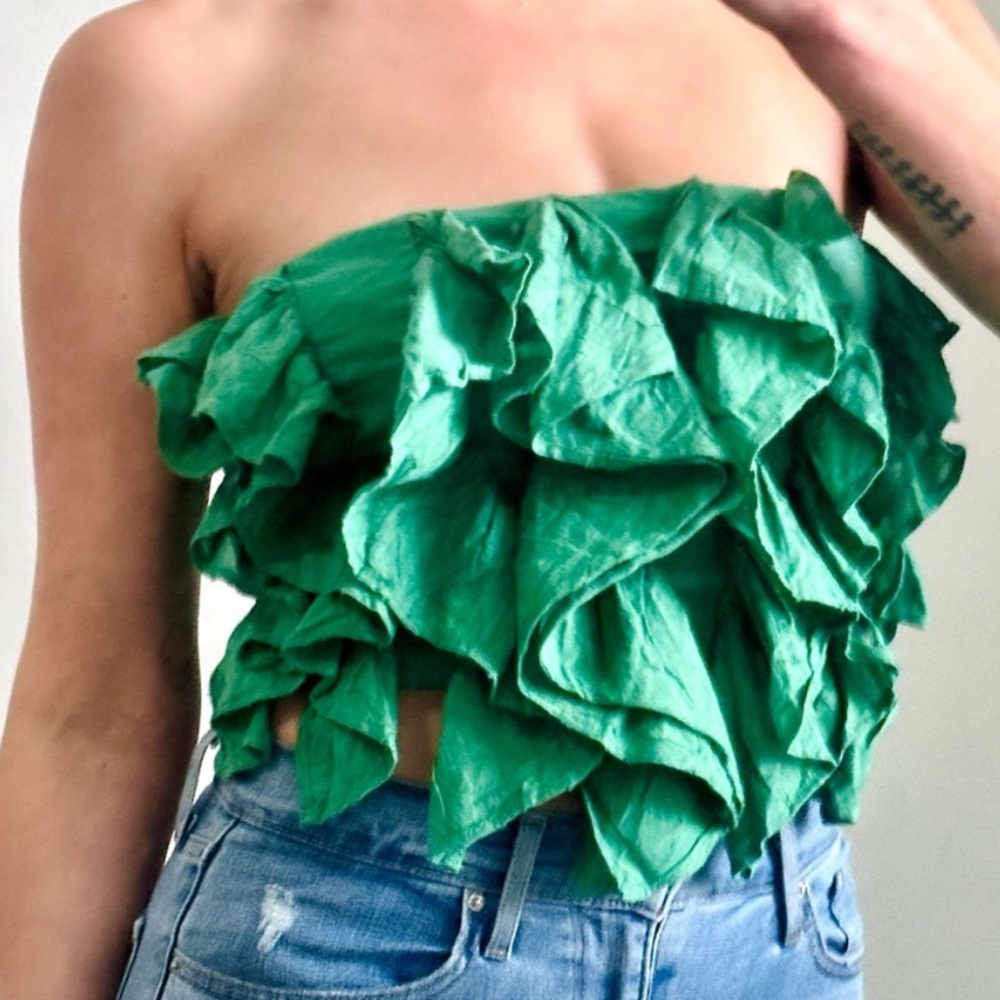 Anthropologie Emerald Green Ruffled Strapless Crop Top